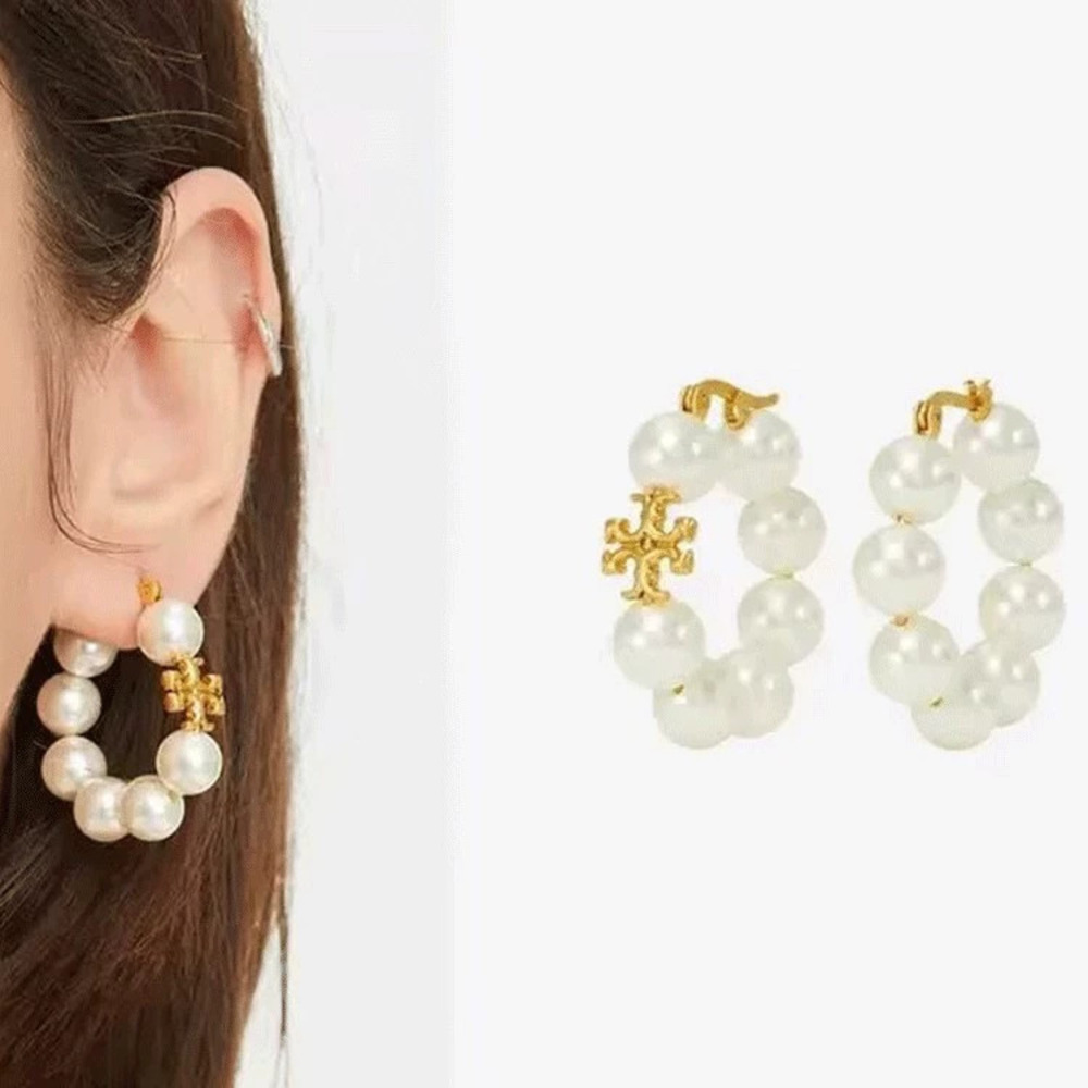 Tory Burch Gold Plated Double Faux Pearl Hoop Earrings